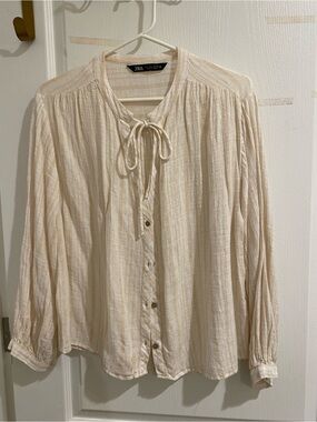 Zara Cream Tie-Neck Button-Down Blouse